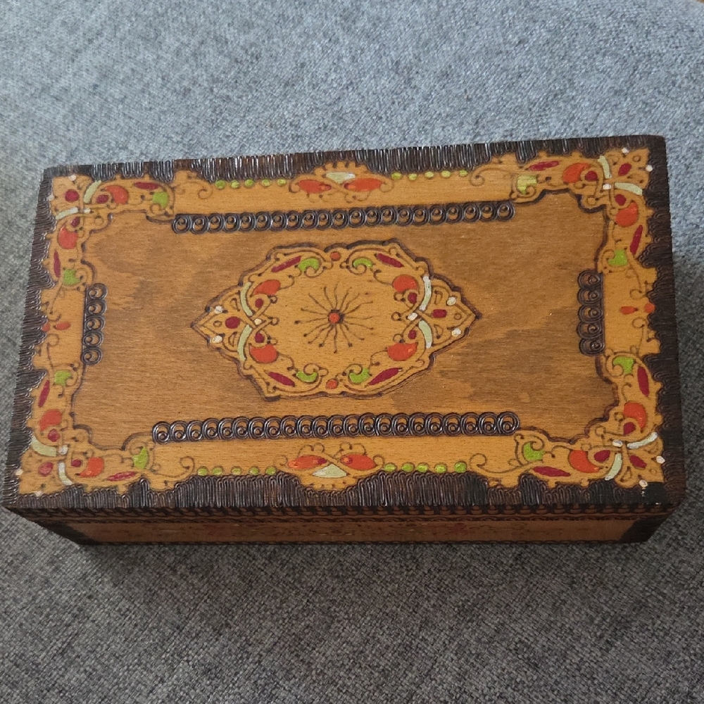 Vintage 1970's Wooden Pyrography Decorative Box with Intricate Design